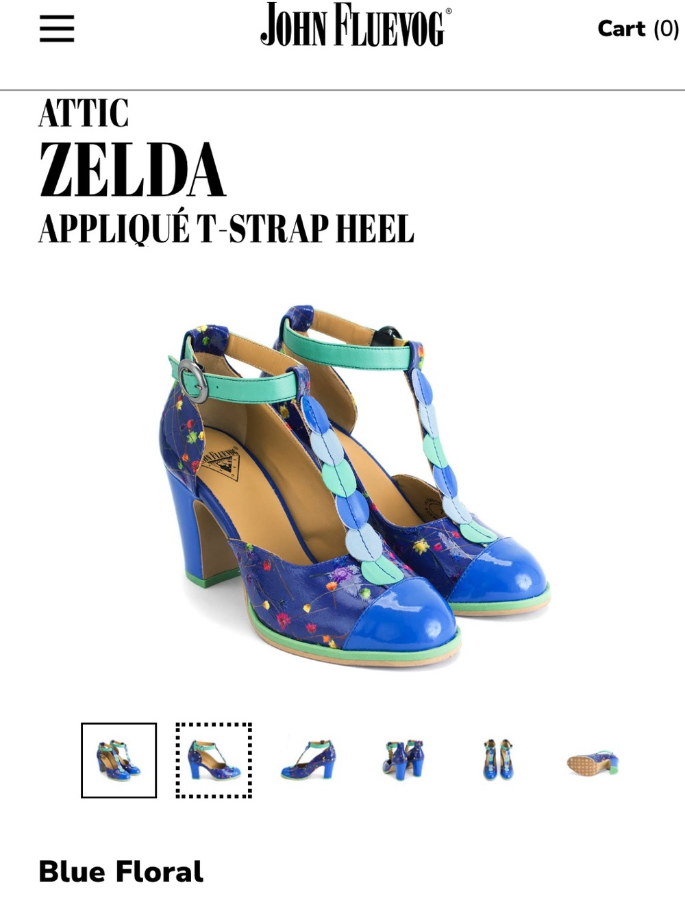 Fluevog Zelda Blue Floral T-Strap Heels w Aqua Accents (sz 10/41, fit small ~9.5